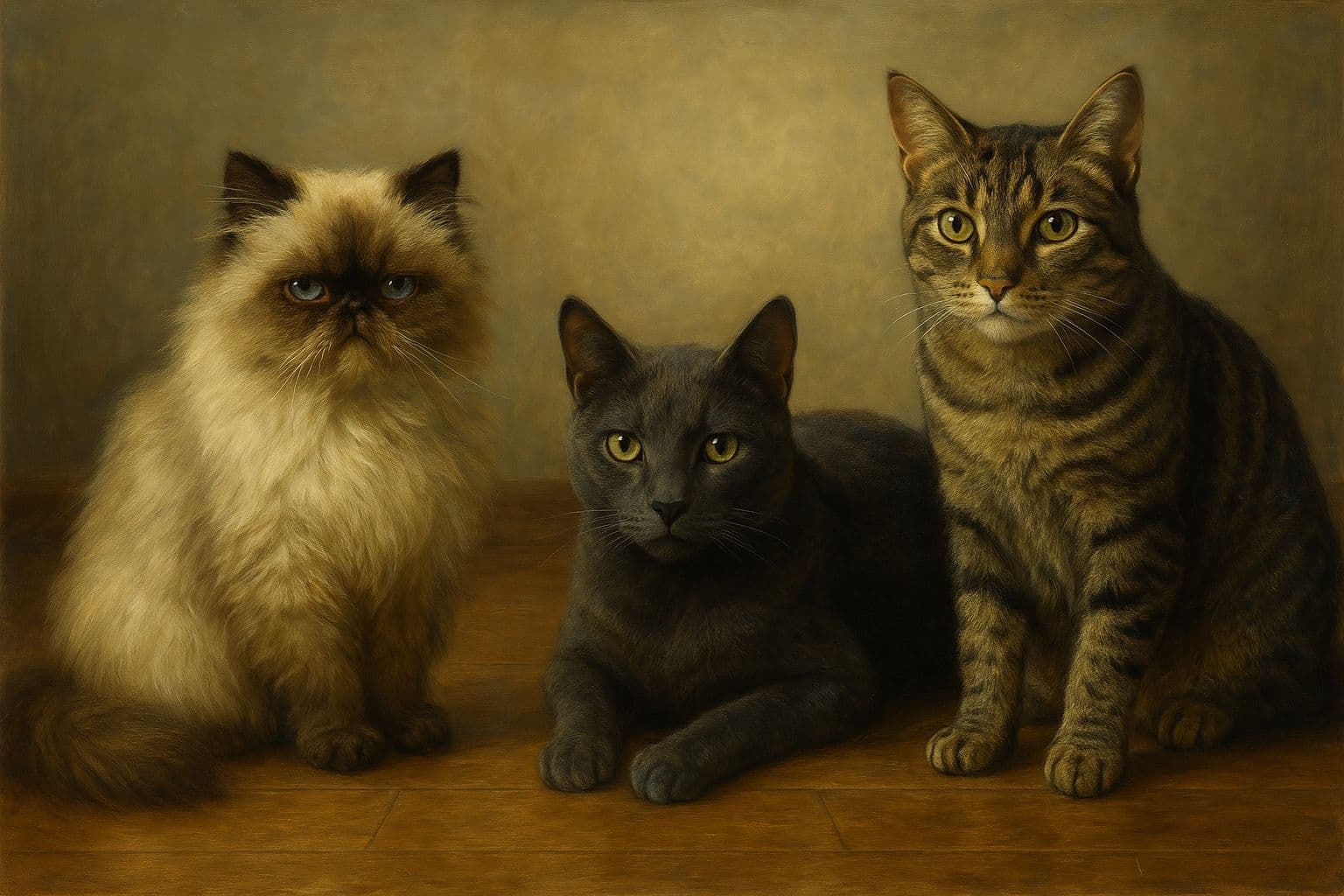 Pintura al óleo de tres gatos estilo clásico